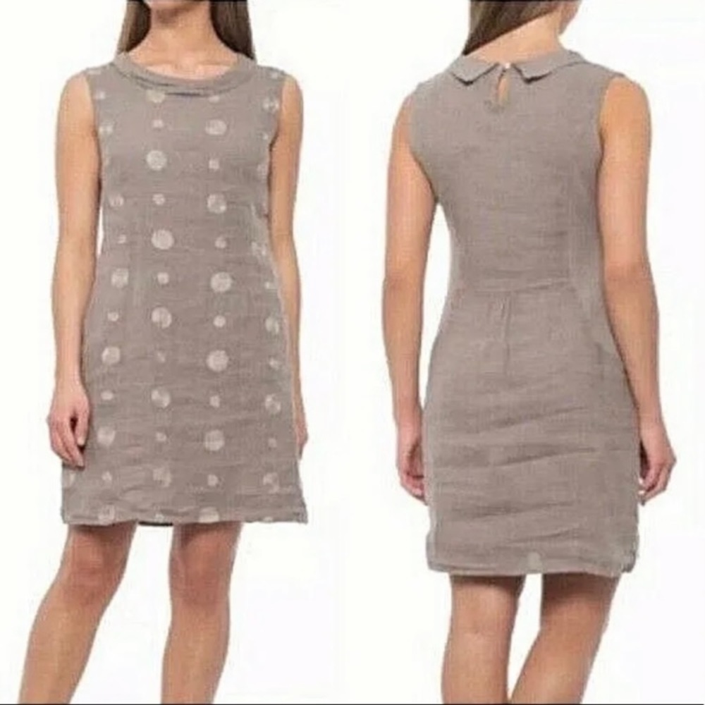 LINA‎ TOMEI Italy Size S Taupe 100% Italian Linen Sleeveless Dress Embroidered.